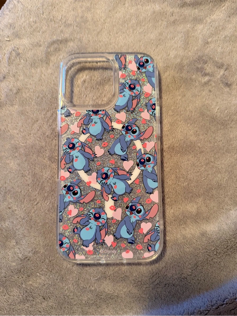 Disney Blue Stitch Phone Case with Pink Hearts and Glitter